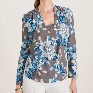 Chico's Top size 16/18 Floral Print Surplice Layered‎ Wrap Blouse Gray Blue